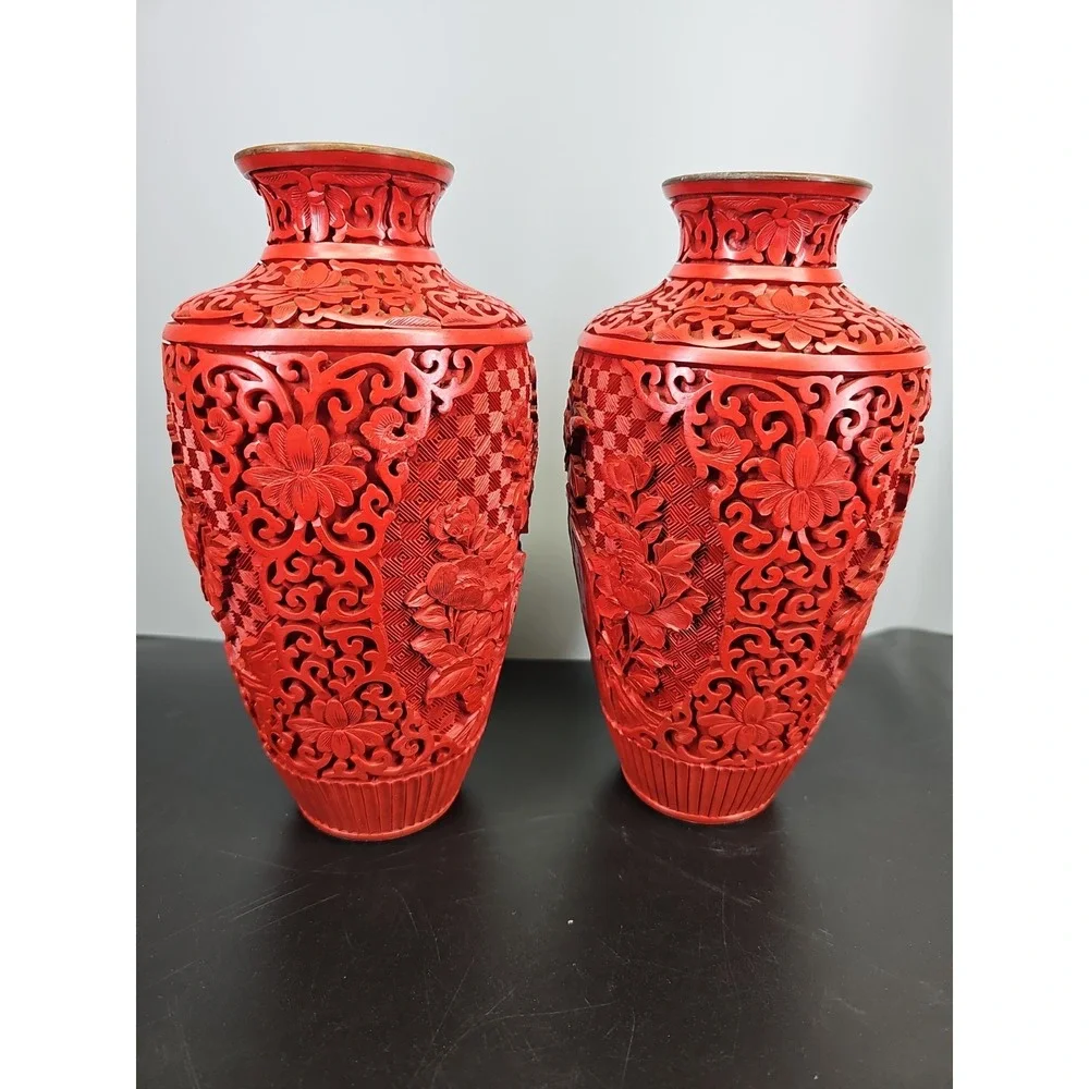 LARGE FINE PAIR OF CHINESE MEI PING CINNABAR BLUE ENAMEL BRASS VASE 30cm TALL